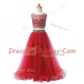 Most Popular Red Flower Girl Dresses Party and Wedding Party and For with Beading Scoop Sleeveless Zipper