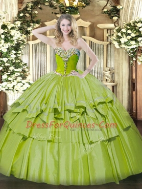 Olive Green Sweetheart Neckline Beading and Ruffled Layers Quince Ball Gowns Sleeveless Lace Up