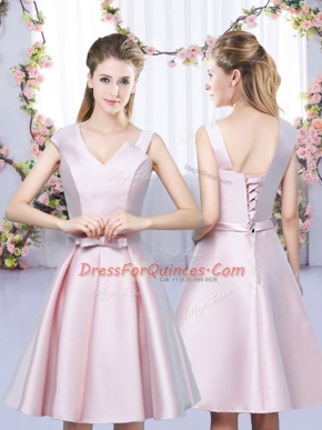 Satin Asymmetric Sleeveless Lace Up Bowknot Dama Dress for Quinceanera in Baby Pink