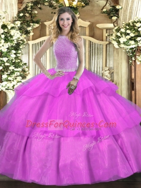 Fine Lilac Sleeveless Tulle Lace Up Quinceanera Dresses for Military Ball and Sweet 16 and Quinceanera