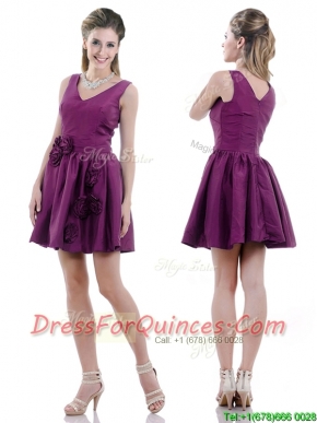 Exquisite V Neck Taffeta Purple Prom Dress with Handcrafted Flowers