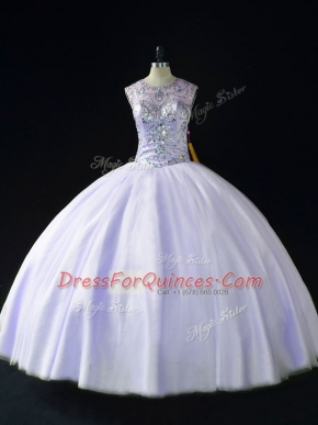 Admirable Sleeveless Floor Length Beading Lace Up Ball Gown Prom Dress with Lavender