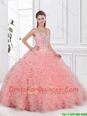 Elegant V Neck Beaded Quinceanera Dresses with Open Back