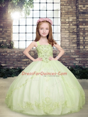 Straps Sleeveless Little Girl Pageant Gowns Floor Length Beading Yellow Green Tulle