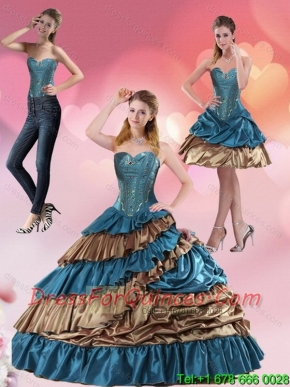 2015 Perfect Teal and Brown Sweetheart Sweet 15 Dress with Beading and Ruffled Layers