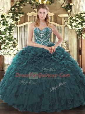 Modern Sweetheart Sleeveless Lace Up 15th Birthday Dress Teal Tulle