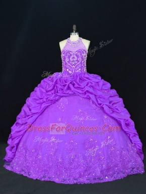 Inexpensive Ball Gowns Quinceanera Dresses Purple High-neck Sleeveless Floor Length Lace Up