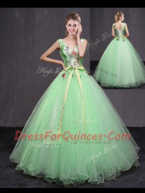 Great Floor Length Apple Green Quinceanera Gown V-neck Sleeveless Lace Up