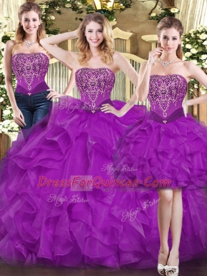 Purple Lace Up Sweetheart Beading and Ruffles Quinceanera Dresses Organza Sleeveless