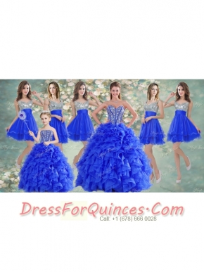 Big Puffy Beaded Blue Quinceanera Dress and Sequined Short  Dama Dresses Ruffled Mini Quinceanera Dress