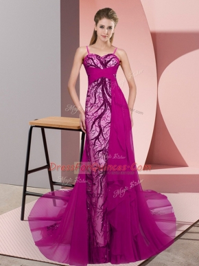Fuchsia Sleeveless Sweep Train Beading and Lace Prom Gown