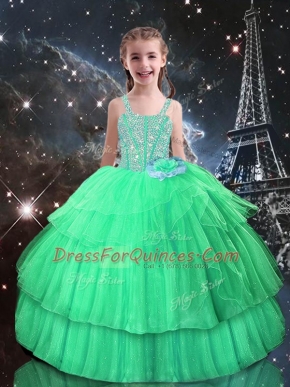 Excellent Apple Green Tulle Lace Up Little Girls Pageant Dress Sleeveless Floor Length Beading and Ruffled Layers