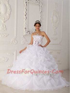 White Ball Gown Strapless Floor-Length Organza Beading 2014 Spring Quinceanera Dresses