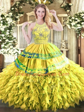 Gorgeous Gold Halter Top Zipper Beading and Ruffles Quinceanera Gowns Sleeveless