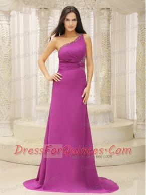 Prom Dress One Shoulder Beaded Decorate Waist Brush Train Chiffon Fuchsia