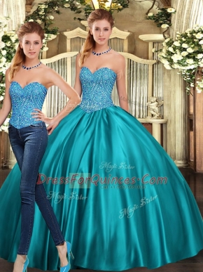 Floor Length Teal Ball Gown Prom Dress Sweetheart Sleeveless Lace Up