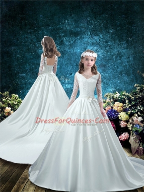 Top Selling White 3 4 Length Sleeve Court Train Lace and Bowknot Flower Girl Dress
