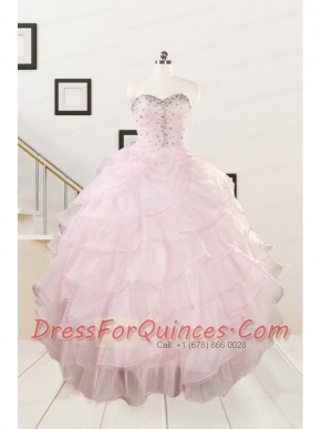 2015 Cute Baby Pink Quinceanera Dresses with Beading and Ruffles