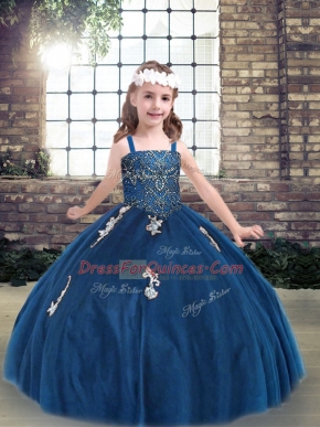 Floor Length Lace Up Kids Formal Wear Blue and In with Appliques