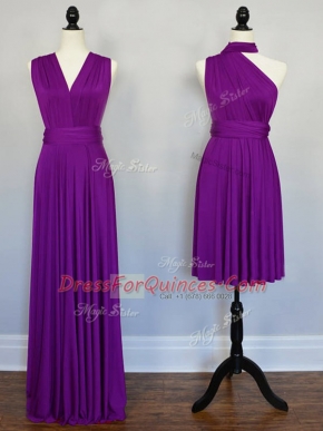 On Sale Purple Empire Halter Top Sleeveless Chiffon Floor Length Lace Up Beading and Ruching Dama Dress