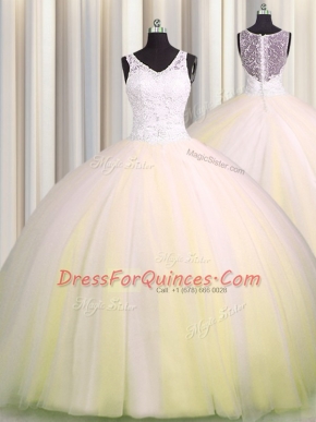 Beautiful Zipple Up V Neck Sleeveless Beading and Appliques Zipper Quinceanera Gown with Light Yellow Brush Train