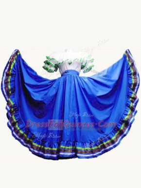 Royal Blue Taffeta Lace Up Quinceanera Dresses Short Sleeves Floor Length Ruffled Layers