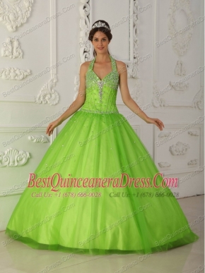 Spring Green A-line Halter Floor-length Tulle Beading Quinceanera Dress