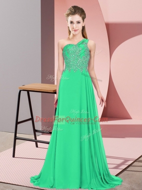 Turquoise Side Zipper One Shoulder Beading Prom Dresses Chiffon Sleeveless