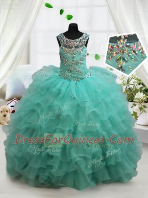 Ruffled Floor Length Turquoise Little Girls Pageant Gowns Scoop Sleeveless Lace Up