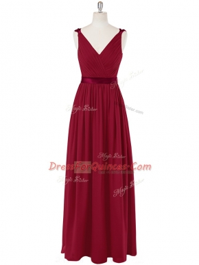 Wine Red Sleeveless Ruching and Belt Floor Length Prom Dresses