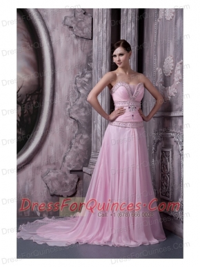 Prom Dress Baby Pink A-line Sweetheart Sweep Train Chiffon Beading