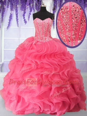 Affordable Sweetheart Sleeveless Sweet 16 Quinceanera Dress Floor Length Beading and Ruffles Rose Pink Organza