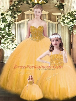 Fantastic Sleeveless Tulle Floor Length Lace Up Ball Gown Prom Dress in Gold with Beading
