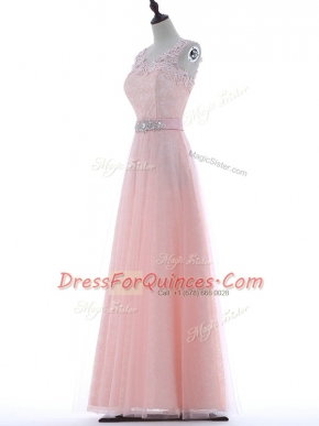 New Style V-neck Sleeveless Zipper Dress for Prom Baby Pink Tulle