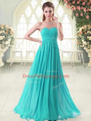 Cute Sweetheart Sleeveless Evening Dress Floor Length Beading Aqua Blue Chiffon
