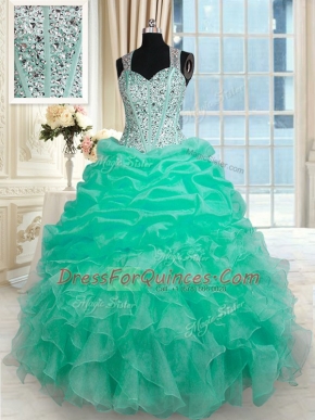 Turquoise Sleeveless Organza Zipper Ball Gown Prom Dress for Military Ball and Sweet 16 and Quinceanera