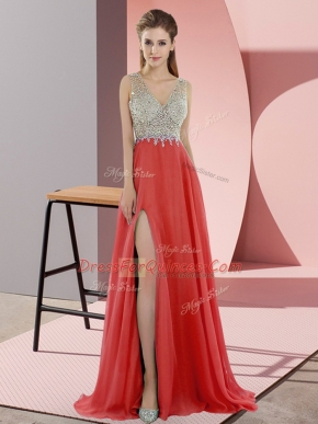 Coral Red Prom Dress Chiffon Sweep Train Sleeveless Beading