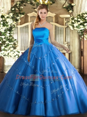 Noble Blue Sleeveless Tulle Lace Up Vestidos de Quinceanera for Military Ball and Sweet 16 and Quinceanera