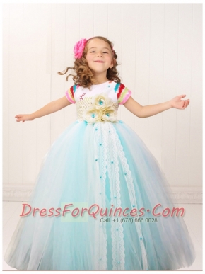 Multi-color A-Line Tulle One Shoulder Appliques and Hand Made Flowers Little Girl Dress for 2014