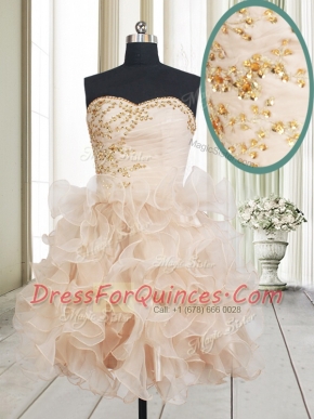 Gorgeous Mini Length Champagne Prom Dresses Organza Sleeveless Beading and Ruffles