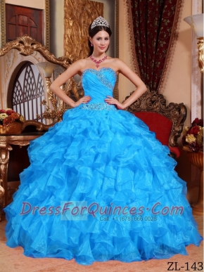 Sweetheart Ball Gown Aqua Blue Beadings and Pleat Best Quinceanera Dresses Organza