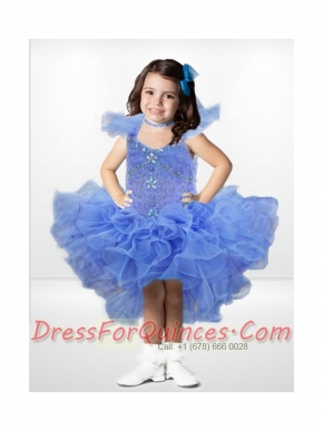 Beautiful Ball Gown Square Beading Ruffles Blue Little Girl Dress with High-low