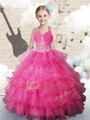 Hot Pink Ball Gowns Halter Top Sleeveless Organza Floor Length Lace Up Beading and Ruffled Layers Flower Girl Dresses for Less