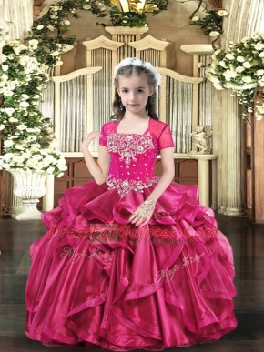 Hot Pink Straps Neckline Beading Little Girls Pageant Gowns Sleeveless Lace Up