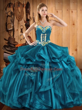 Beautiful Sweetheart Sleeveless Lace Up Sweet 16 Dresses Teal Organza
