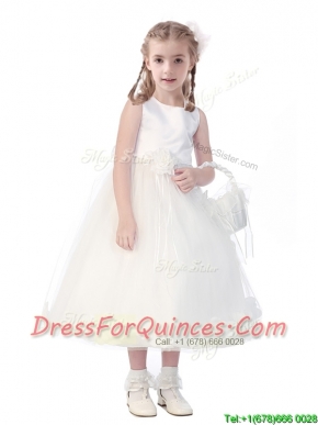 New Style Scoop Hand Made Flowers and Appliques Flower Girl Dress in White