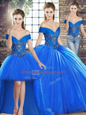 Gorgeous Royal Blue Sleeveless Organza Brush Train Lace Up Vestidos de Quinceanera for Military Ball and Sweet 16 and Quinceanera