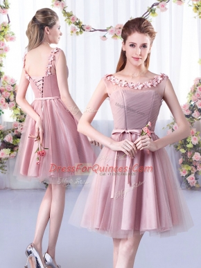 Knee Length Pink Vestidos de Damas Scoop Sleeveless Lace Up