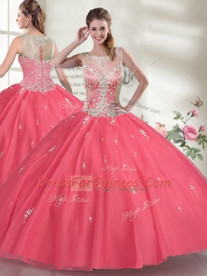 Excellent Sleeveless Organza Floor Length Zipper Vestidos de Quinceanera in Hot Pink with Beading