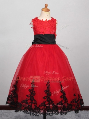 Floor Length Red Toddler Flower Girl Dress Tulle Sleeveless Appliques